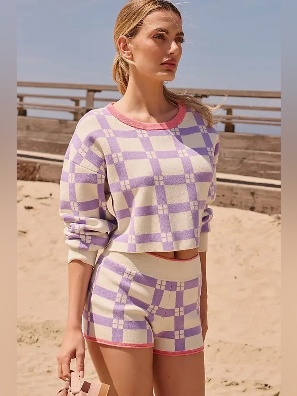 Daily Practice by Anthropologie Purple Pattern Plaid Knit Crewneck Sweater Set L
